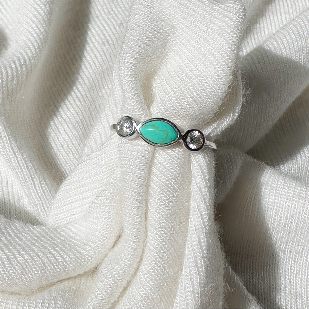 Women’s Turquoise Ring Silver Tone with two Cubic Zirconias Simple Minimal, 6.5